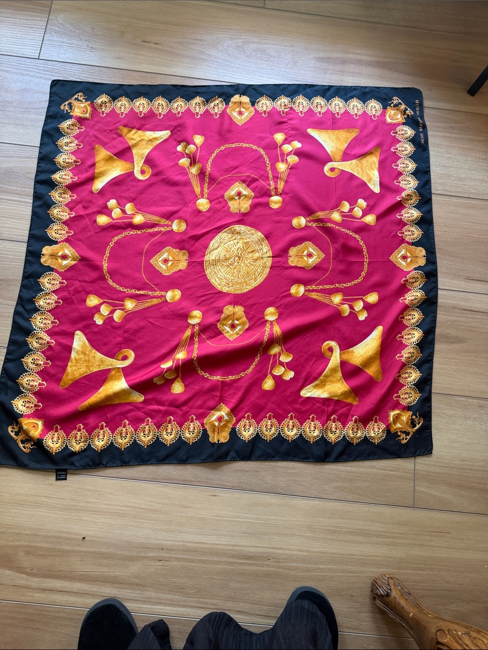 Hermes Fuchsia and Gold Silk Scarf with Black Border